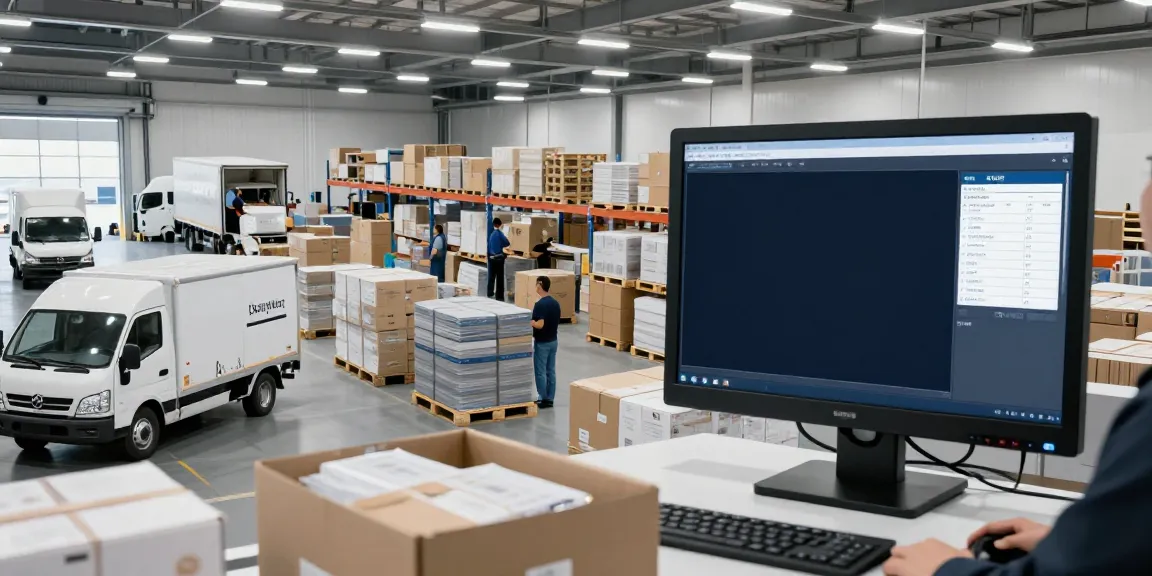 Effiziente Lagerlogistik in Düsseldorf mit modernem Warenhaus und aktiven Logistikmitarbeitern.