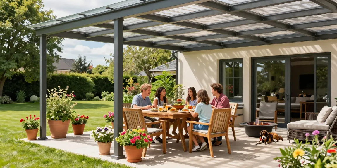 Stylische Terrassenüberdachungen bei einem sonnigen Familientreffen im Garten.