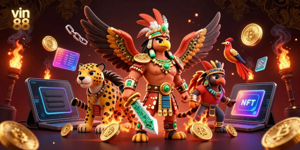 Experience thrilling gaming moments with vin 88, featuring vibrant Aztec warriors and cryptocurrency elements.