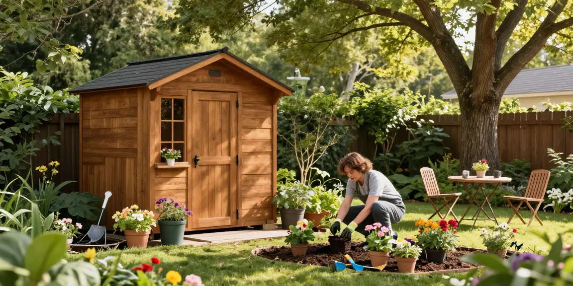 Gartenhaus kaufen und den Garten verschönern, Person pflanzt Blumen in einem schönen Garten mit Holz-Gartenhaus im Hintergrund.