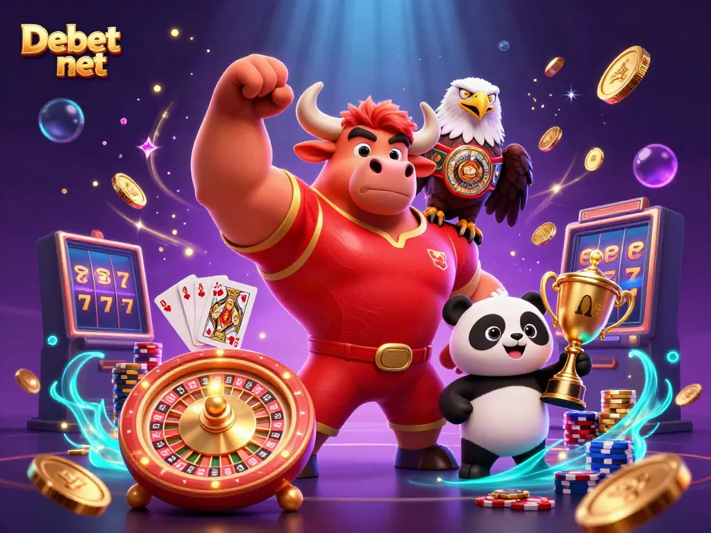 Experience thrilling betting with Debet net's vibrant casino illustration featuring iconic characters.