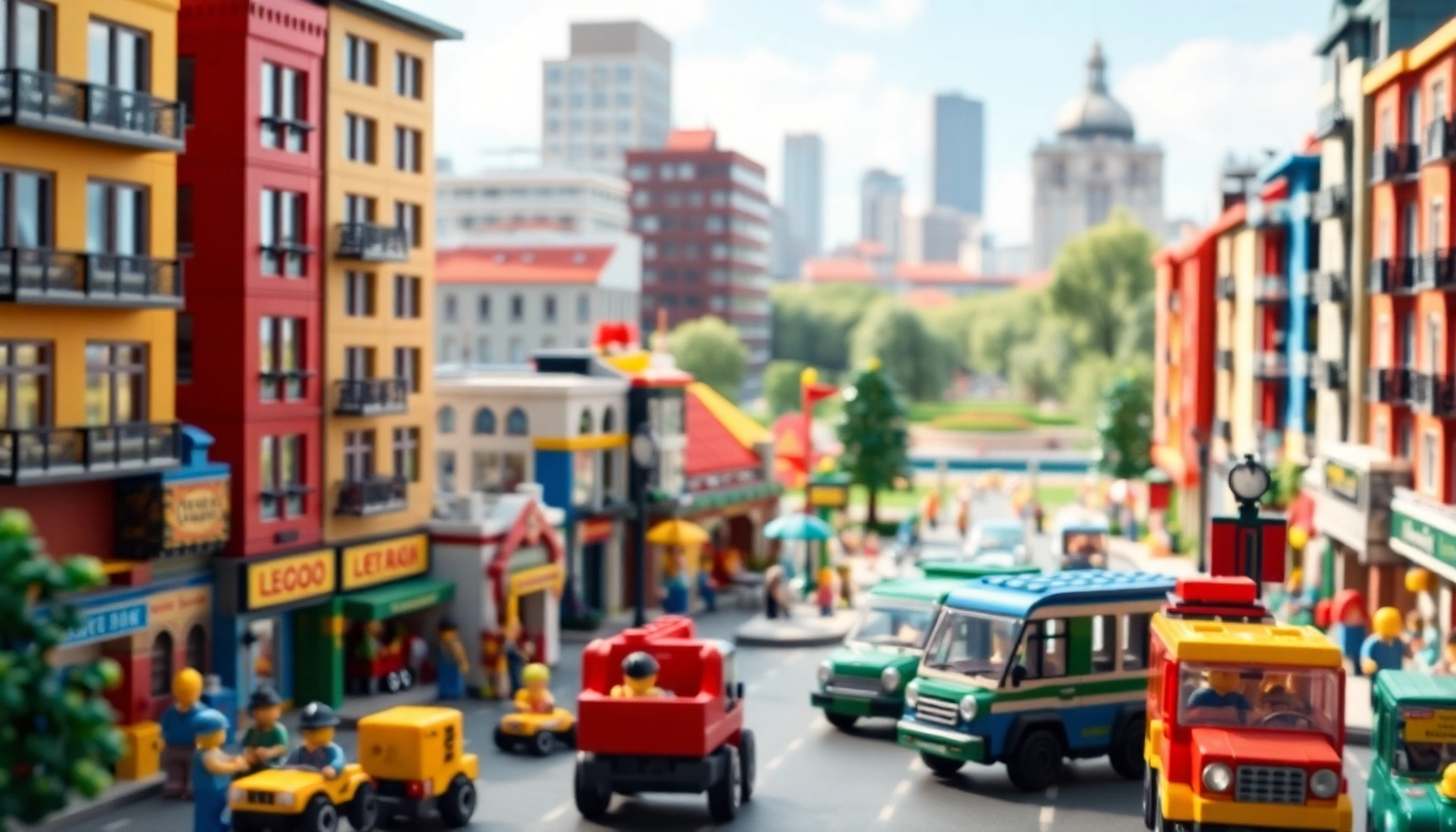 Lego City with vibrant buildings and lively activities, showcasing creativity and fun.