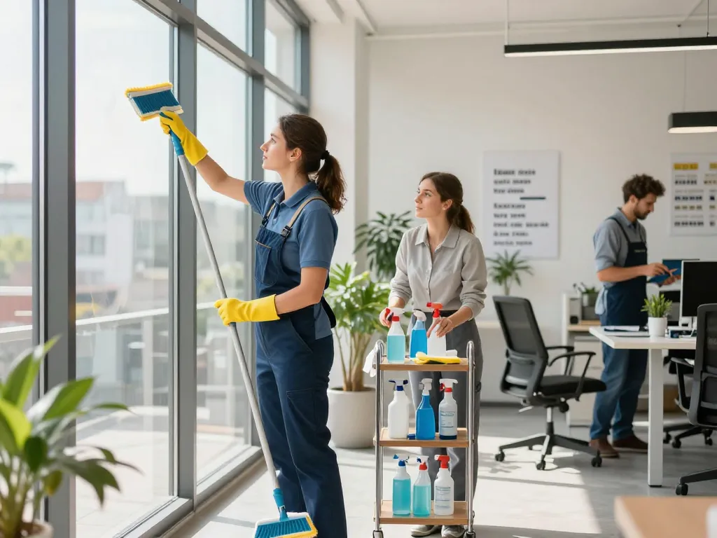 Professionelles Reinigungsteam führt umfangreiche professionelle Gebäudereinigung in Emsdetten in einem modernen Büro durch.