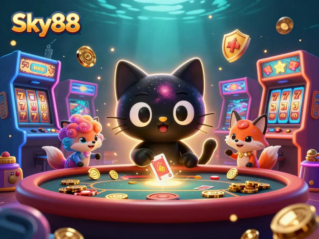 Sky88 engages players in a dynamic cosmic casino scene featuring vibrant game elements.