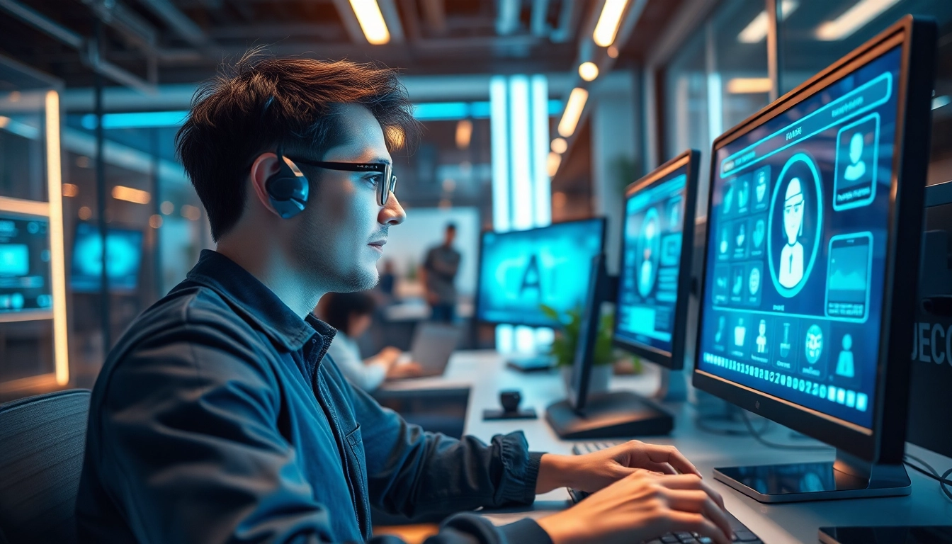 Engaging with 18+ AI technology in a futuristic workspace with holographic displays.