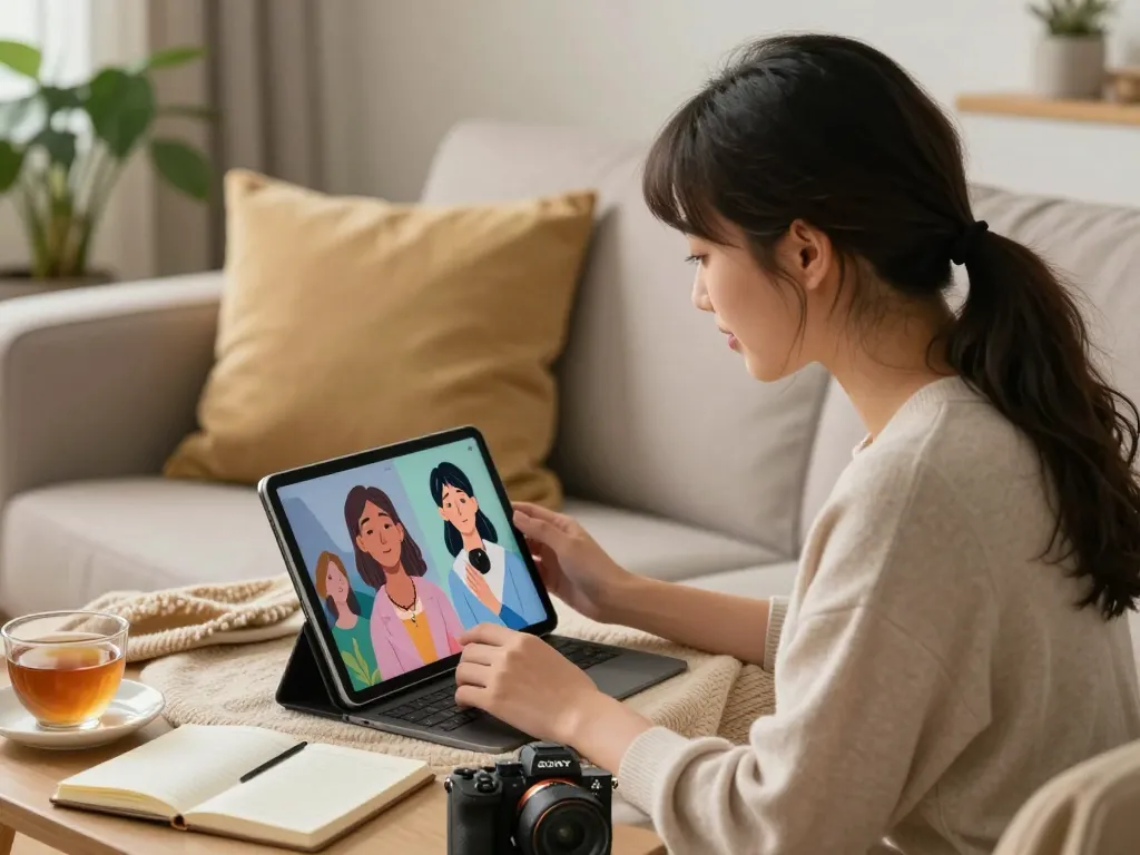 Engaging with girlfriend AI in a cozy home setting, showcasing emotional connection and technology.