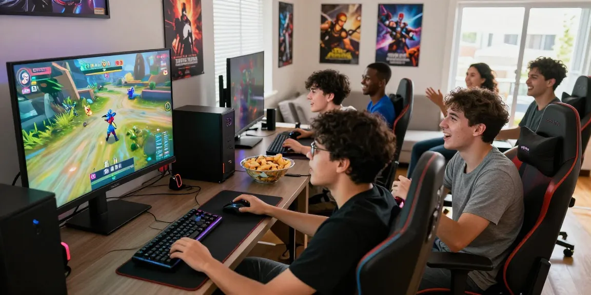 กลุ่มเพื่อนร่วมสนุกเล่นเกม playme8 ในห้องนั่งเล่นทันสมัย มีหน้าจอใหญ่แสดงตัวละครเกม