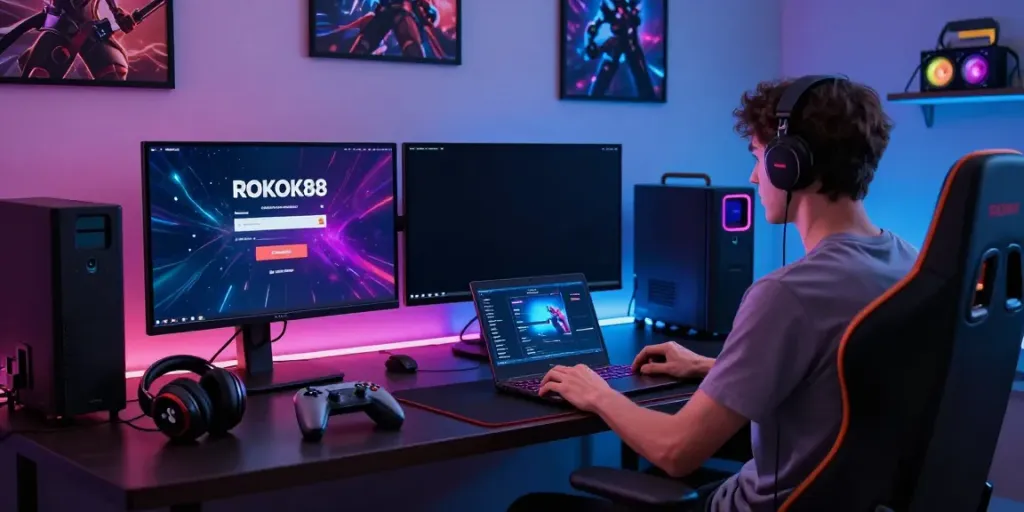User engaged in rokok88 login in a modern gaming workspace with vibrant screens and ambient lighting.