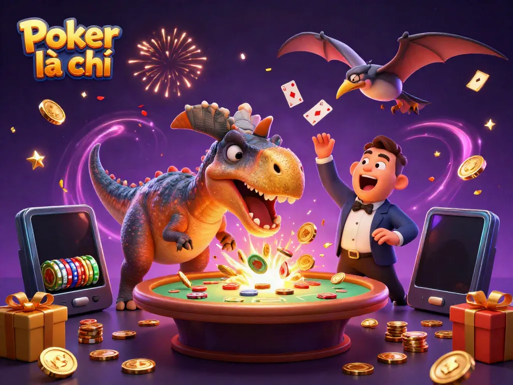 Experience Poker là gì in an exciting casino scene with dynamic characters and flying poker elements.