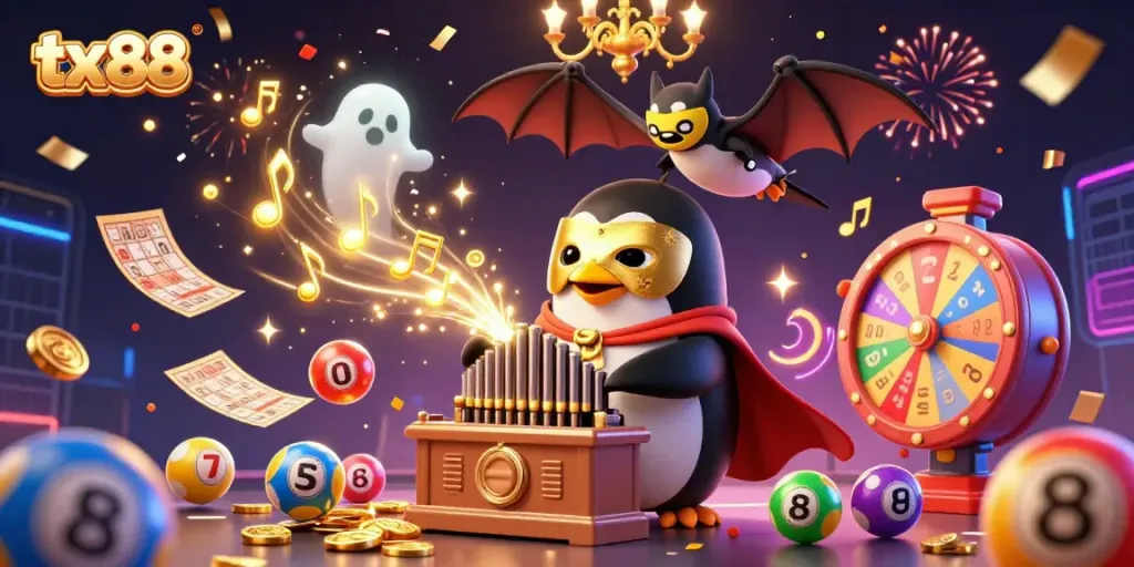 Experience tx88 excitement with a cartoon penguin playing a pipe organ shooting golden coins.