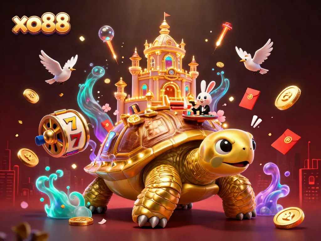 Experience the excitement of xo88 with a giant golden tortoise casino illustration, featuring a rabbit dealer and fireworks.