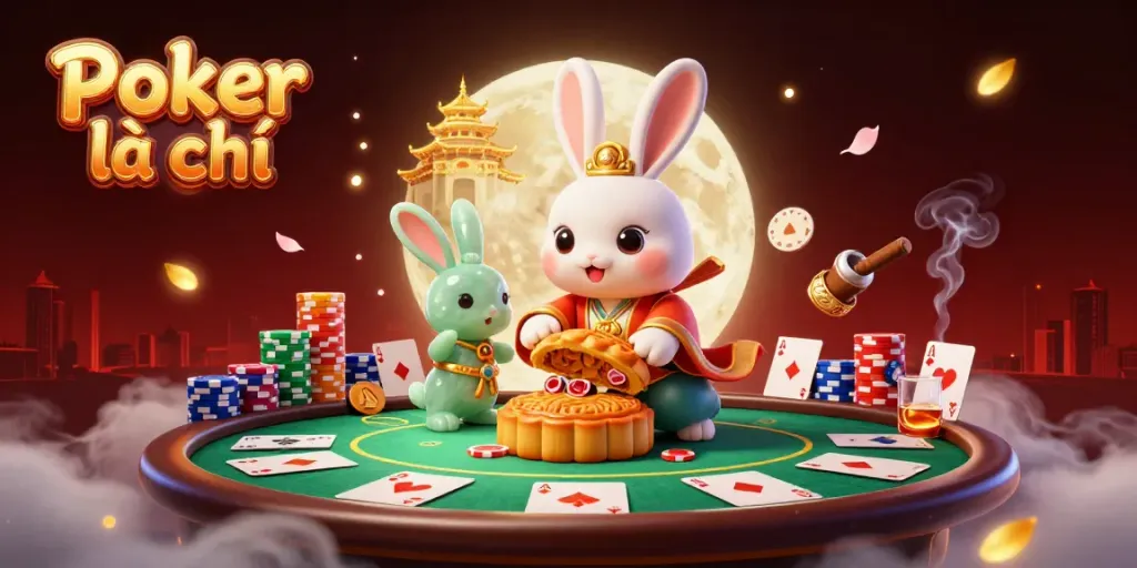 Poker là gì illustrated with a moon rabbit and poker elements in a dynamic casino scene.