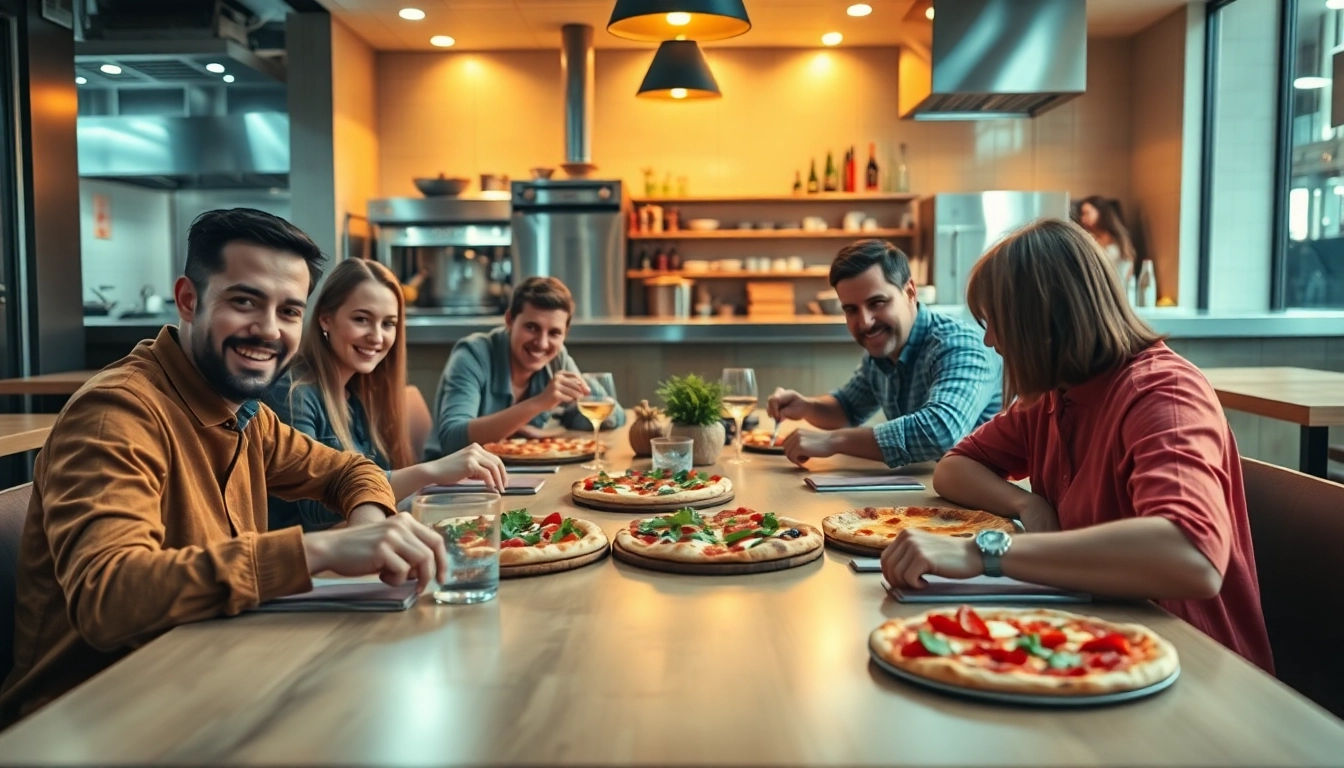 Pizzanap genießen: Freunde teilen köstliche Pizza mit frischen Zutaten in einem modernen Restaurant.