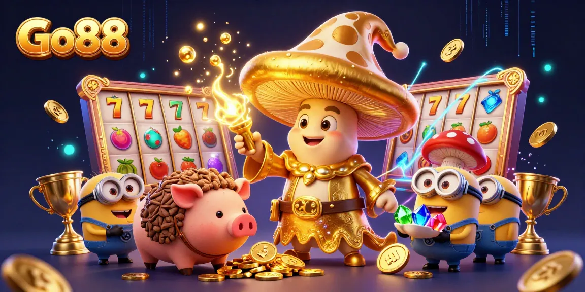 Engage with Go88 through this vibrant illustration featuring a magical wizard amidst slots and treasures.