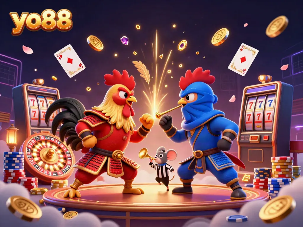 Engage in thrilling rooster battles at yo88 with stunning visuals of samurai and ninja characters facing off.