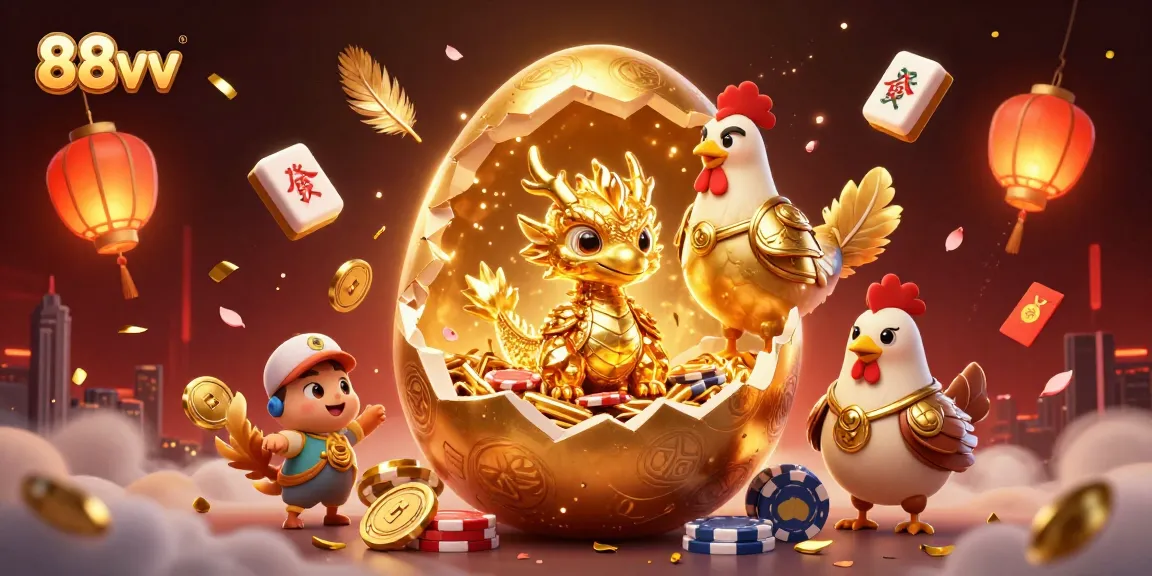 Win big with 88vv in this vibrant casino scene showcasing golden treasures and lively gaming elements.