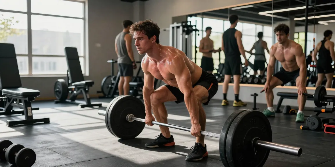 Utionon Steroids Shop: Bodybuilder hebt Gewichte im modernen Fitnessstudio, motivierende Atmosphäre.