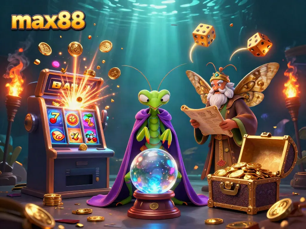Win big at max88 with enchanting visuals of a casino fortune teller surrounded by jackpots and dynamic gaming elements.