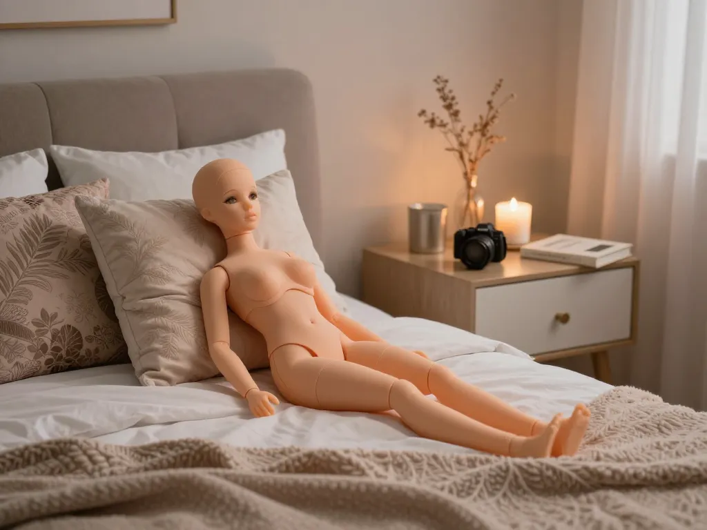 Beste Sexpuppe elegant auf einem plüschigen Bett präsentiert, die hochwertige Qualität und intime Atmosphäre hervorhebt.