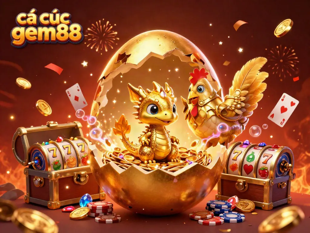 Experience thrilling cá cược gem88 with a golden dragon amidst poker chips and slot machine elements.