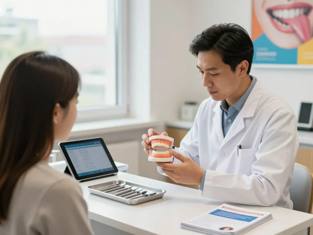 Zahnprothese Wien Beratung, bei der ein Zahnarzt einem Patienten in einer einladenden Zahnarztpraxis prothetische Optionen erklärt.