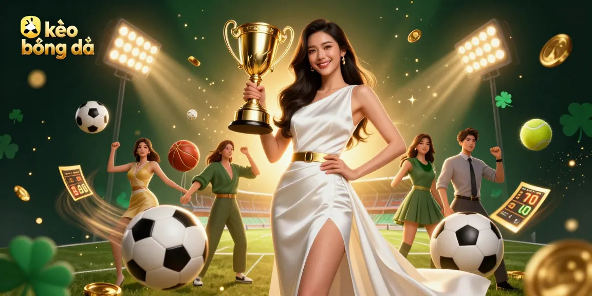 Engage with kèo bóng đá visuals showcasing a stunning Asian woman celebrating victory amidst dynamic sports betting elements.