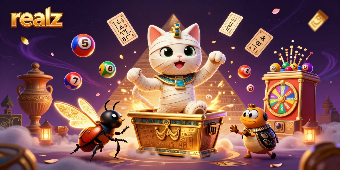 Experience thrilling gameplay at Realz Casino, featuring creative elements like an Egyptian mummy cat and vibrant lottery balls.