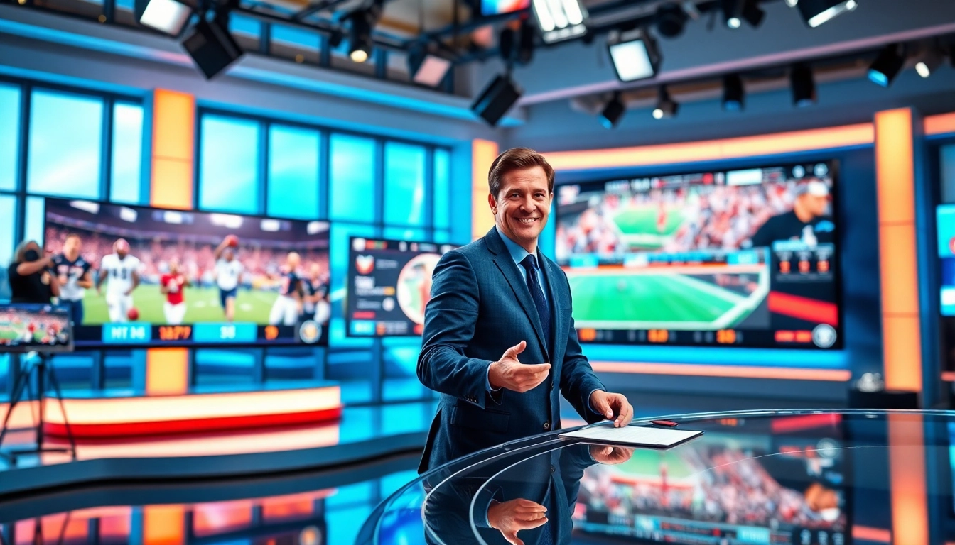 Engaging sports broadcasting scene with an anchor discussing live sports events.