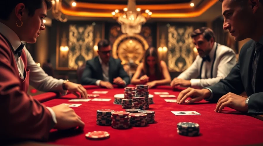 Players strategizing at a high-stakes poker table at bdtk1 org, showcasing luxury and excitement.