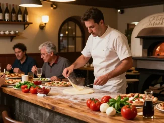 Delicious pizza making process at Pizzeria Madera featuring vibrant ingredients, embodying authentic Italian cuisine and pg soft flavor.