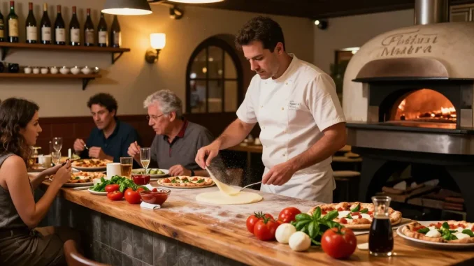 Delicious pizza making process at Pizzeria Madera featuring vibrant ingredients, embodying authentic Italian cuisine and pg soft flavor.