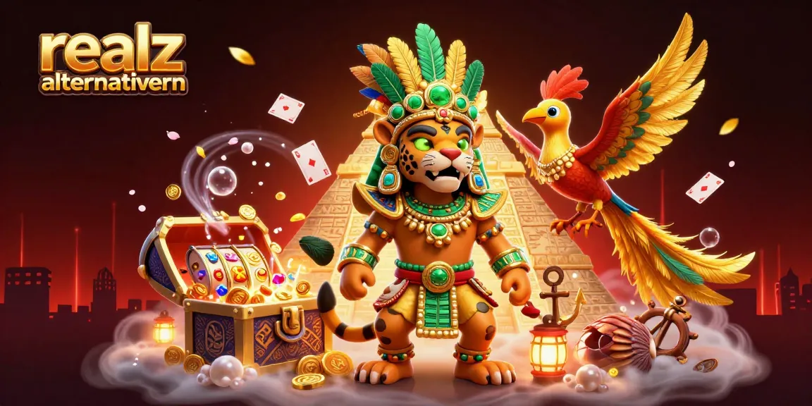 Erlebe die aufregenden realz Casino Alternativen mit einem 3D-Jaguarpriester und Spielautomaten umgeben von schimmernden Schätzen.