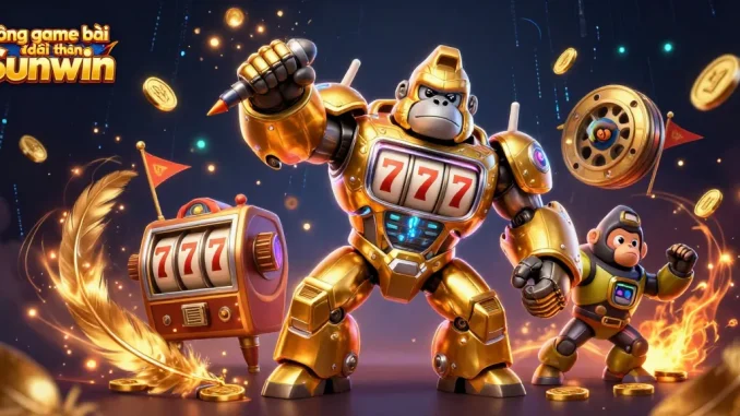 Experience the excitement of Cổng game bài đổi thưởng Sunwin with a golden gorilla mech and vibrant casino elements.