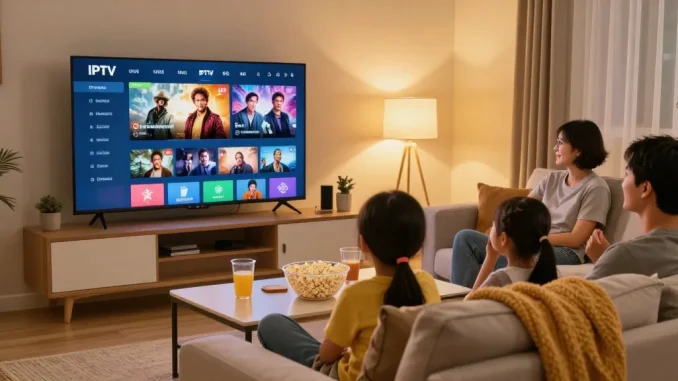 Familie nutzt Germany IPTV im gemütlichen Wohnzimmer mit großem Fernseher und Snacks.