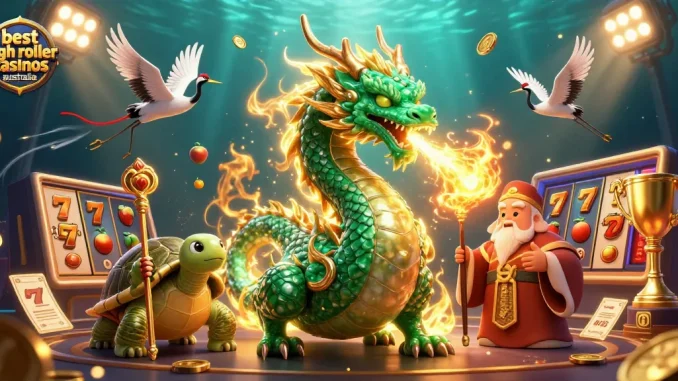 Experience the best high roller casinos Australia with dynamic 3D illustration showcasing slot games and vibrant casino elements.