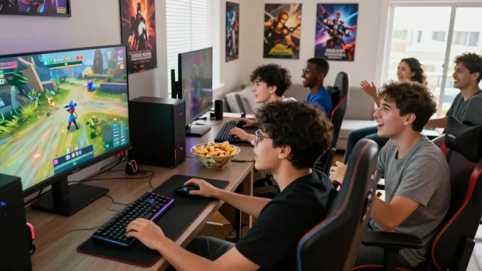 กลุ่มเพื่อนร่วมสนุกเล่นเกม playme8 ในห้องนั่งเล่นทันสมัย มีหน้าจอใหญ่แสดงตัวละครเกม