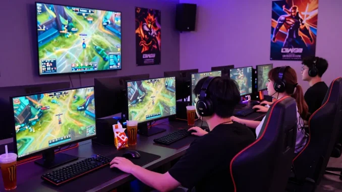 Engaged gamers in a competitive FAFA828 online gaming session showcasing advanced gear and vibrant atmosphere.
